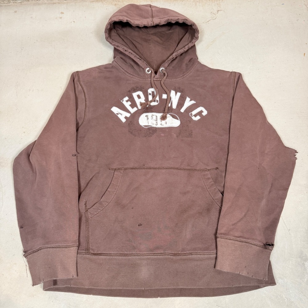 Aeropostale Mens XL Distressed Graphic Hoodie Brown Aero NYC Vintage Faded XL